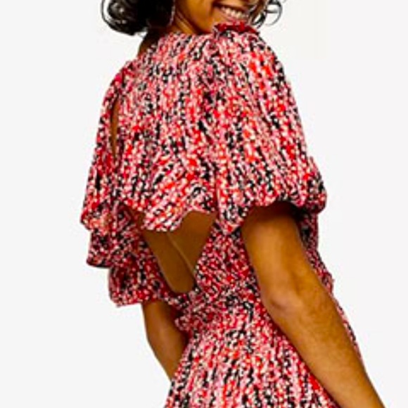 TopShop Red Floral Dress Open Back Abstract Geometric Print Short Sleeve E-waist - Picture 3 of 8